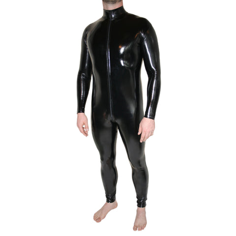 Rubberfashion Herren Lack Catsuit ouvert - PVC Anzug Jumpsuit Overall langarm mit 3 Wege Reißverschluss