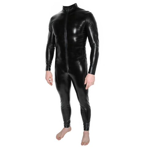 Rubberfashion Herren Kunst Leder Catsuit - Glanz Ganzkörper Jumpsuit - Schritt offen