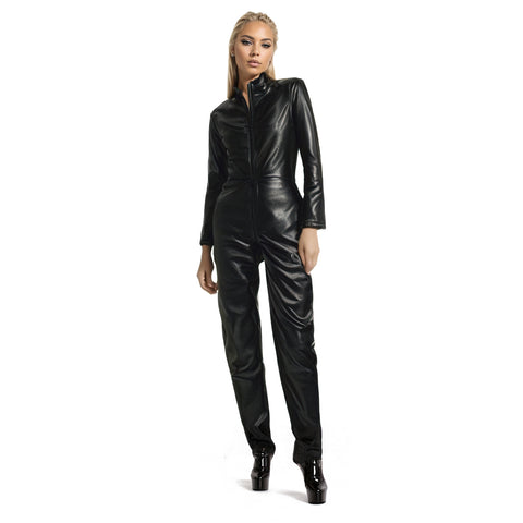 Ladies faux leather catsuit snake look with 3 way zipper through the crotch