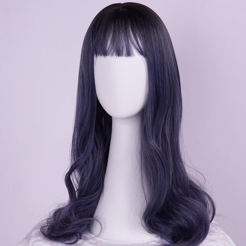 Dreammask natural long curly waves wig with bangs blue J42